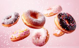 Assorted Glazed Donuts in Mid-Air Against a Pink Background Captured in Bright Studio Lighting photo