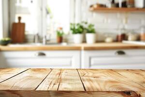 calentar luz de sol se baña un moderno cocina interior con de madera encimeras foto