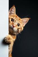 Playful Orange Tabby Cat Peeking Around the Corner on a Dark Background photo