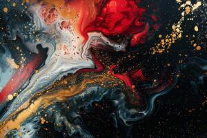 Swirling Dance of Red, Yellow, and Black Paint Creating Abstract Art photo