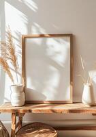 Wooden Picture Frame on Wooden Table With Dry Flowers in Vase During Afternoon photo