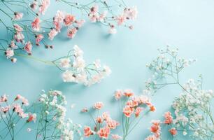 Assorted Spring Blossoms Artistically Scattered on a Soft Blue Background photo