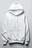 White Hooded Sweatshirt Displayed Against Gray Background photo