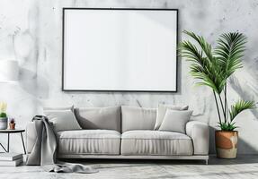 Elegant Living Room With Neutral Toned Sofa and Blank Canvas on a Textured Wall photo