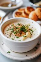 Savory Cream of Mushroom Soup Served With Fresh Bread and Ingredients photo