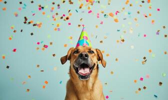 celebración canino perro con fiesta sombrero en medio de papel picado alegría foto