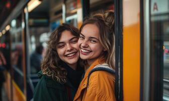 urbano aventuras - alegre amigos compartiendo un risa en público tránsito foto