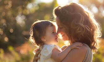 Sunset Affection - Joyful Mother and Daughter Sharing a Loving Momen photo