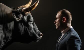 Man in Suit Facing Mighty Bull - Confrontation and Strength Concept photo