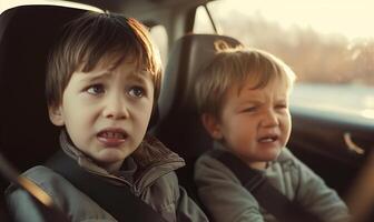 contrastando emociones curioso chico y llorando hermano en coche asientos durante puesta de sol conducir foto