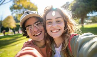 Carefree Students Capturing Joyful Selfie Moment in Lush Park photo