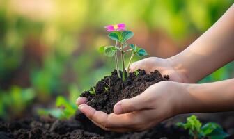 nutriendo crecimiento manos plantando joven planta en fértil suelo foto