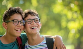 Joyful Friendship Cheerful Teens Laughing Together Outdoors photo