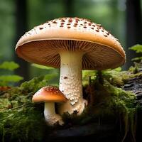 a mushroom is sitting on a log in the woods photo