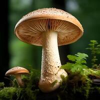 a mushroom is sitting on a log in the woods photo