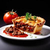 australian meat pie and tomato saucewhite background photo