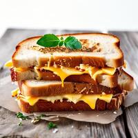 grilled sandwiches with melted cheese on a wooden board white background photo