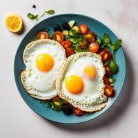 two fried eggs for healthy breakfast white background photo