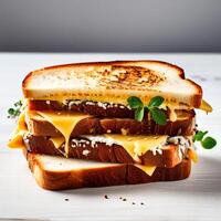 grilled sandwiches with melted cheese on a wooden board white background photo