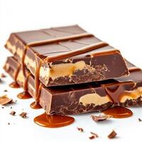 tasty chocolate bar split in-two pieces delicious caramel cream and peanuts-insidewhite background photo