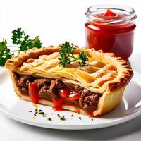 australian meat pie and tomato saucewhite background photo