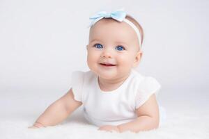 Portrait of cute little baby girl with big blue eyes on white background. Happy healthy childhood concept. photo