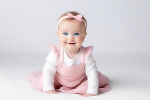 retrato de linda pequeño bebé niña con grande azul ojos en blanco antecedentes. contento sano infancia concepto. foto