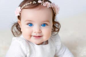 retrato de linda pequeño bebé niña con grande azul ojos en blanco antecedentes. contento sano infancia concepto. foto