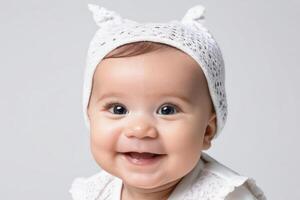 Beautiful sweetheart happy cute smiling baby on light background. photo
