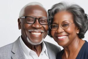 Happy black skin senior couple in light background. Concept of success in business and life. photo