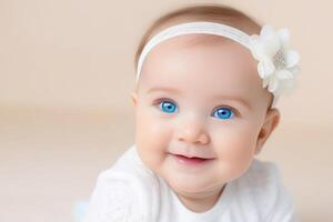 Portrait of cute little baby girl with big blue eyes on light background. Happy healthy childhood concept. photo