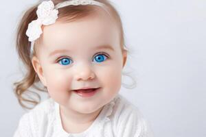 retrato de linda pequeño bebé niña con grande azul ojos en blanco antecedentes. contento sano infancia concepto. foto