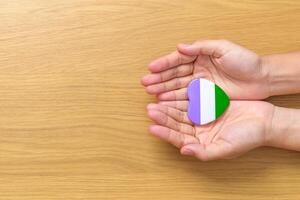 Queer Pride Day and LGBT pride month concept. hand holding purple, white and green heart shape for Lesbian, Gay, Bisexual, Transgender, genderqueer and Pansexual community photo