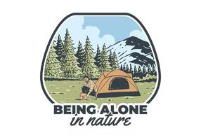 Camping alone in nature. Vintage outdoor illustration badge design vector