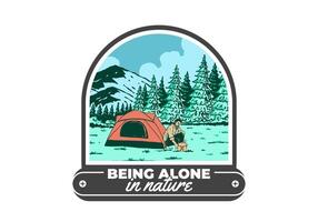 Camping alone in nature. Vintage outdoor illustration badge design vector