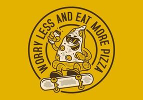 Worry less and eat more pizza. Retro illustration of pizza character jumping on skateboard vector