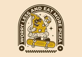 preocupación Menos y comer más Pizza. retro ilustración de Pizza personaje saltando en patineta vector