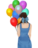 A woman in blue holding colorful balloons png