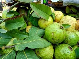 Fresco jugoso y sano dulce guayaba Fruta con hojas foto