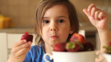 Nahansicht Baby Mädchen Essen rot saftig Beeren frisch groß Erdbeeren beim Zuhause video