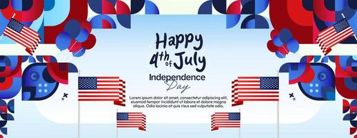 United States Independence Day wide banner in colorful modern geometric style. USA National Day greeting card cover on 4th of July with country flag. Illustration celebrating national holidays vector