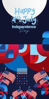 United States Independence Day banner in colorful modern geometric style. USA National Day greeting card cover on 4th of July with country flag. Vertical backgrounds for celebrating national holidays vector