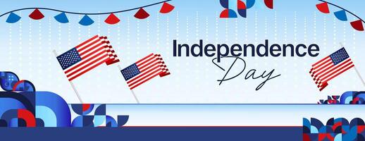 United States Independence Day wide banner in colorful modern geometric style. USA National Day greeting card cover on 4th of July with country flag. Illustration celebrating national holidays vector