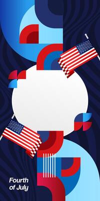 United States Independence Day banner in colorful modern geometric style. USA National Day greeting card cover on 4th of July with country flag. Vertical backgrounds for celebrating national holidays