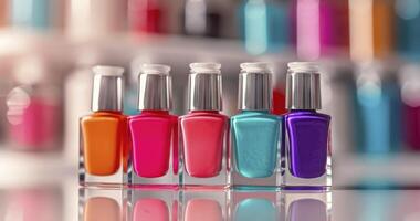 An Assortment of Vivid Nail Polishes Gracefully Arranged on a Salon's Table photo