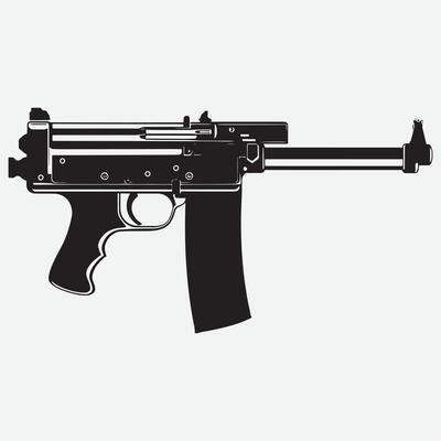 A minimalist black and white illustration design of the Thompson submachine