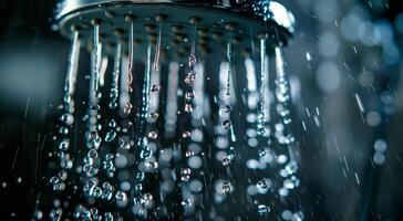 Shower head close up with running water and dark lighting with empty space for text. photo