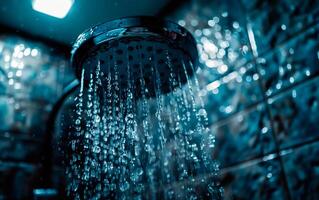 Shower head close up with running water and dark lighting with empty space for text. photo