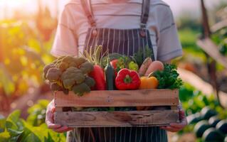 Farmer woman holding a box with fresh organic vegetables and fruits wih empty space for text. photo