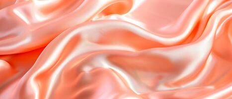 Close up of peach silk satin shiny fabric texture as background. Peach fuzz color on silky cloth curtain texture. photo